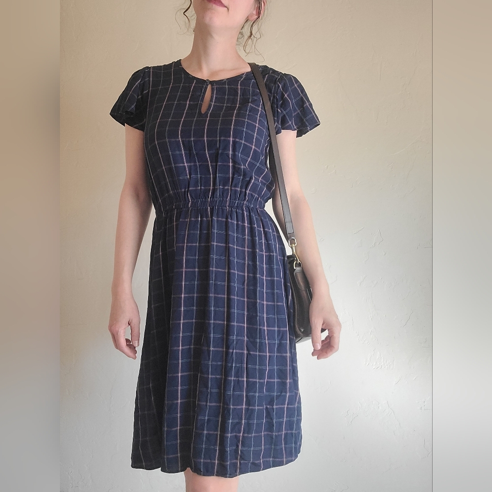 Old Navy Navy Blue Pink Plaid Flutter Sleeve Classy Feminine Dress Size Xs